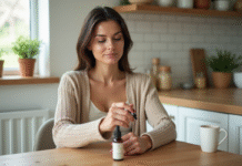 Femme appliquant huile essentielle Ravintsara sur le poignet