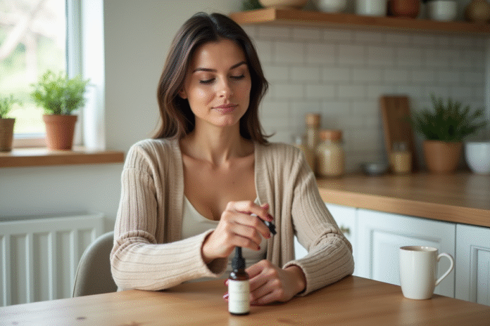 Femme appliquant huile essentielle Ravintsara sur le poignet