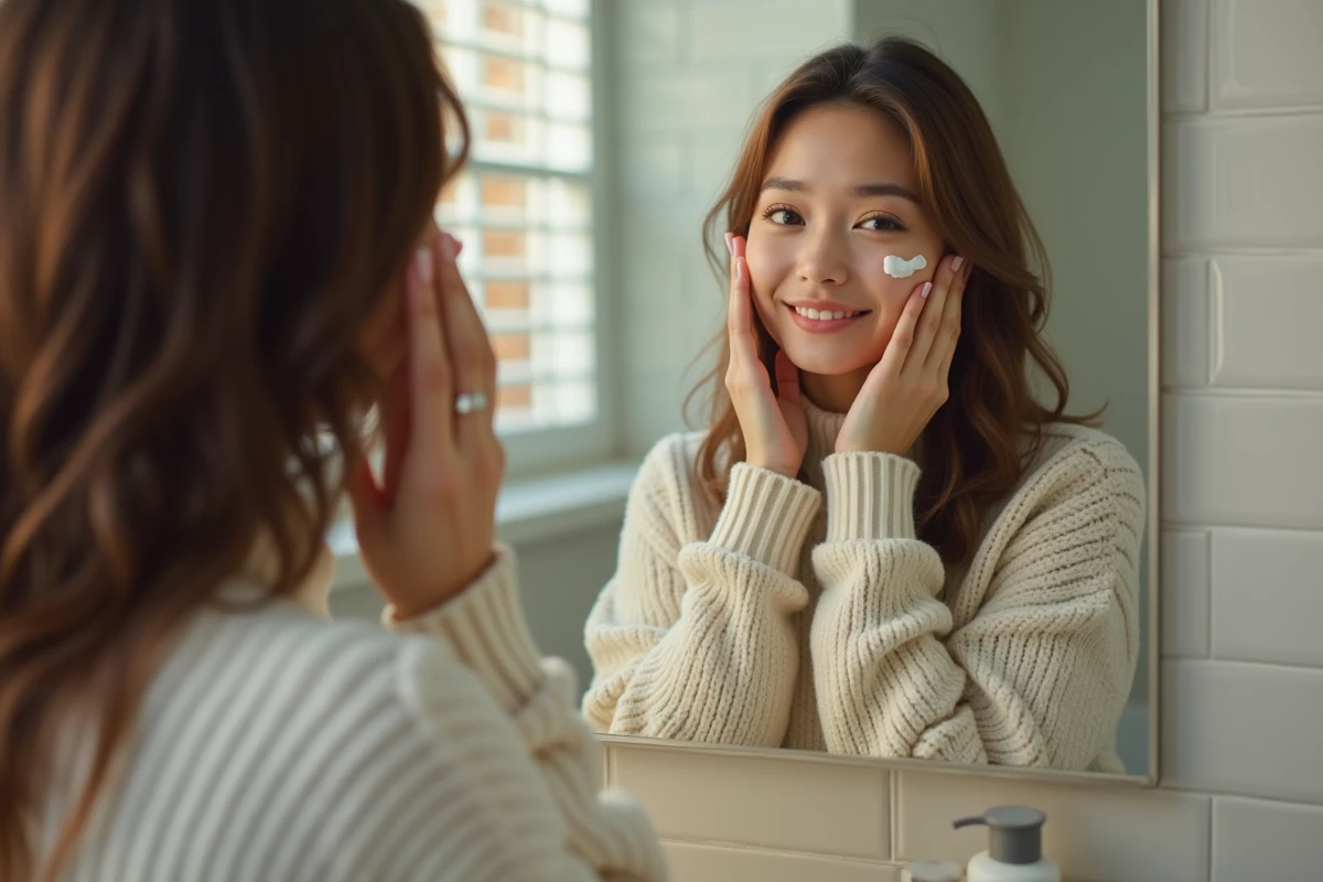Jeune femme appliquant un traitement capillaire dans la salle de bain