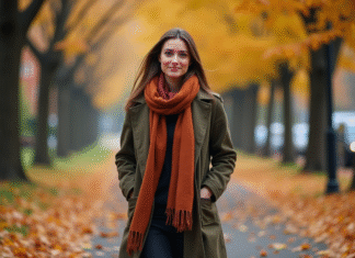 Les couleurs phares de l’automne hiver 2025 à adopter sans hésiter Femme élégante marchant dans un parc urbain automnal