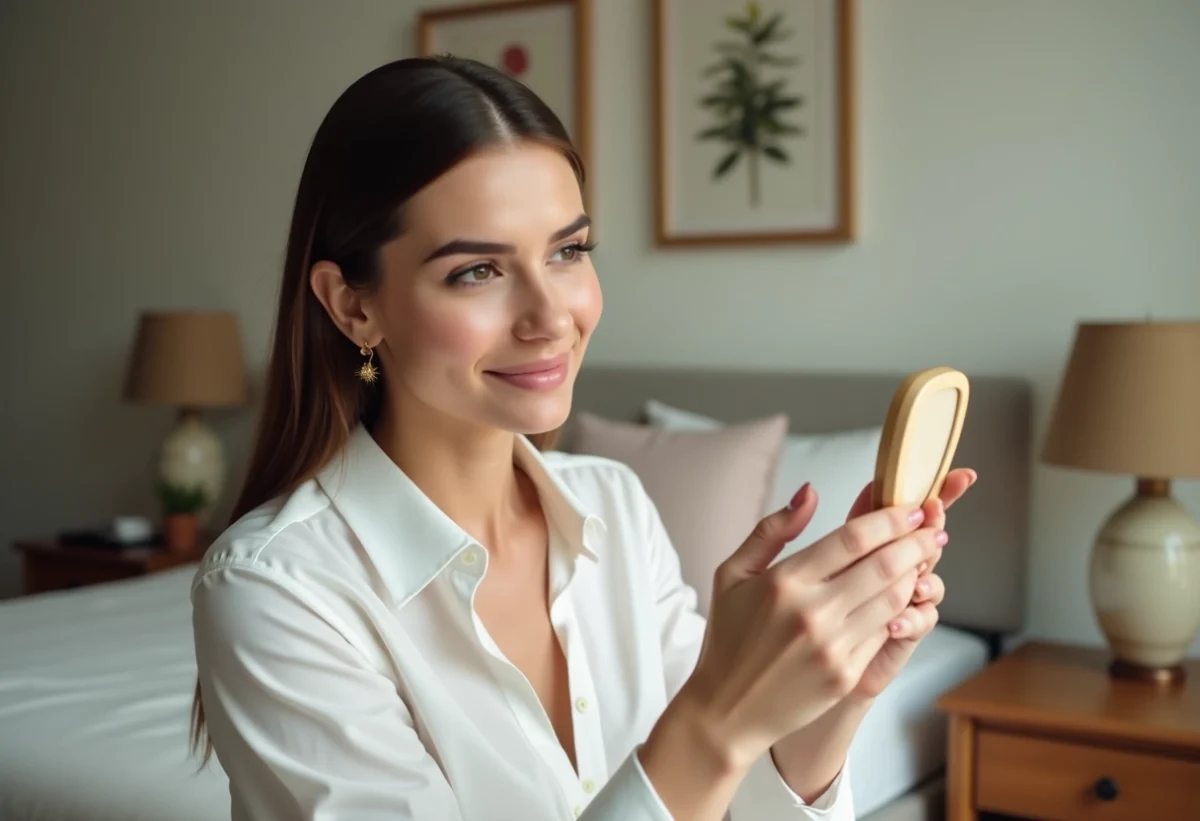 Femme appliquant du blush dans un miroir avec décor élégant