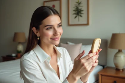 Femme appliquant du blush dans un miroir avec décor élégant