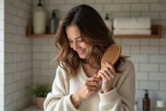 Femme souriante se brossant les cheveux dans la salle de bain