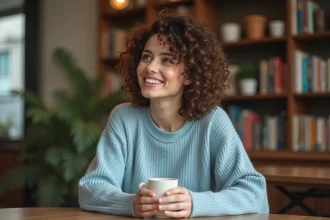 Femme souriante dans un café cosy avec livres et plantes