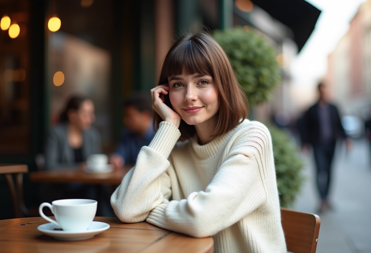Femme détendue avec coupe au café en plein air