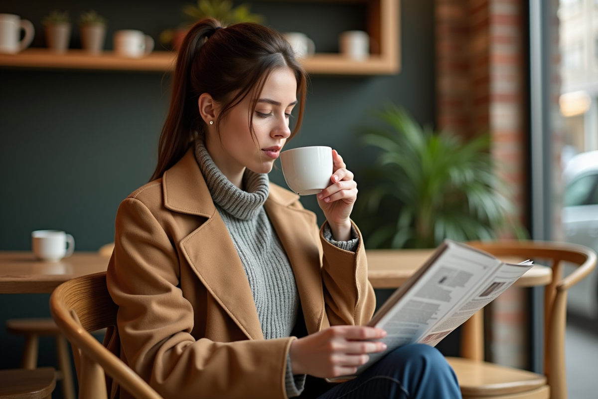 Jeune femme en trench camel dans un café lumineux