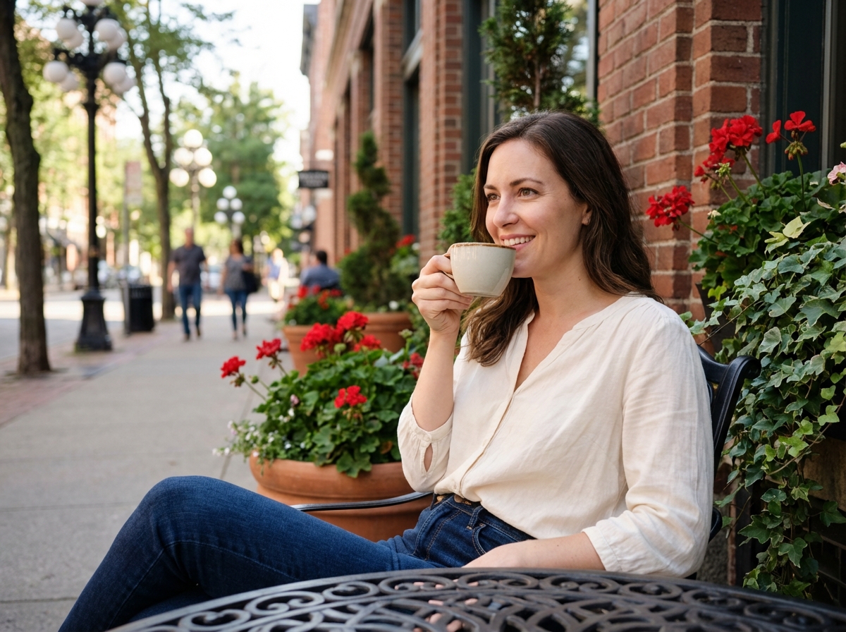 Jeune mère buvant un café en extérieur