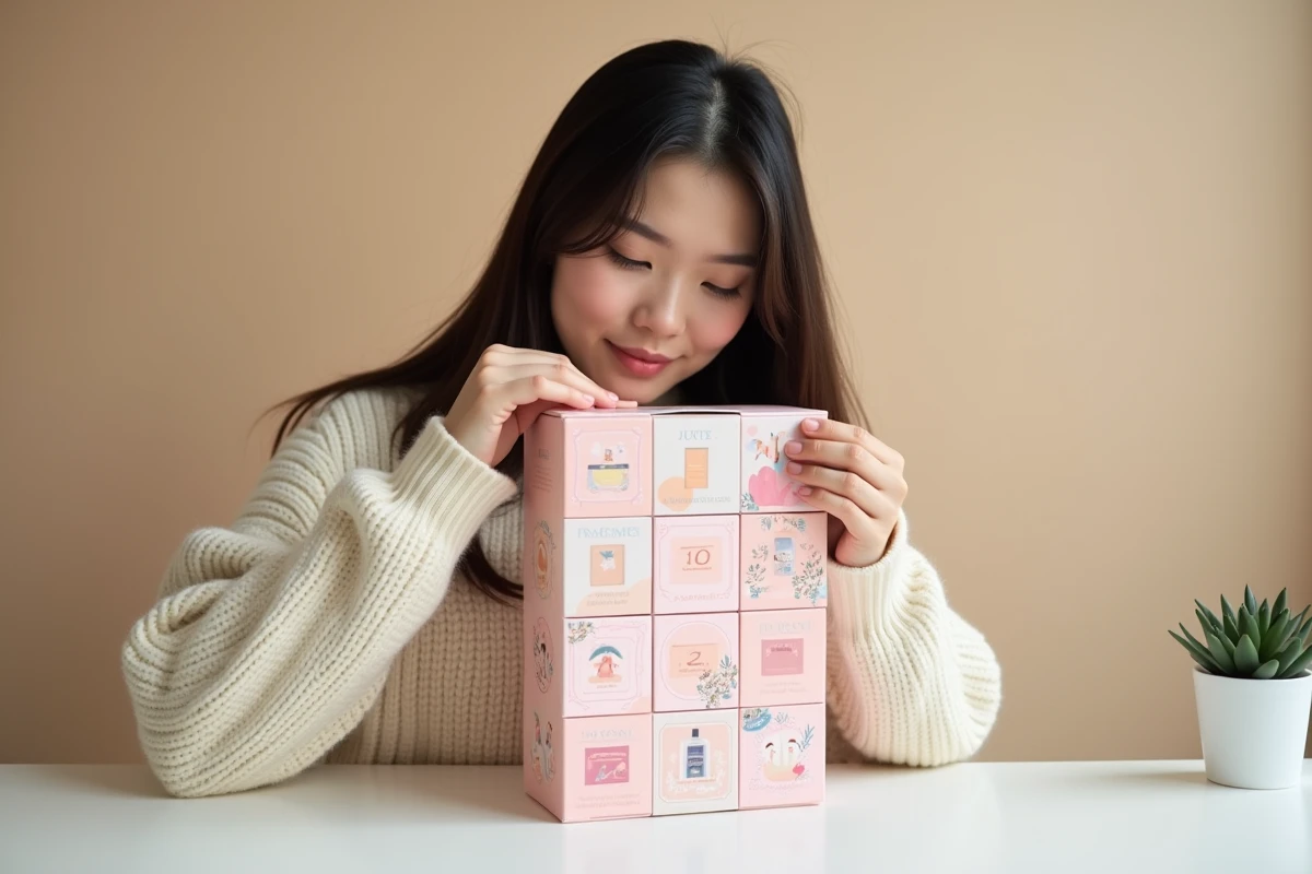 Jeune femme ouvrant une case du calendrier de l'Avent YesStyle sur un bureau minimaliste