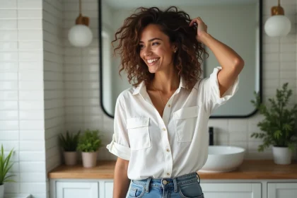 Femme aux cheveux bouclés et sourire naturel dans la salle de bain