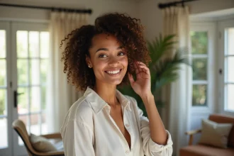Femme aux cheveux crépus et coupe espagnole souriante