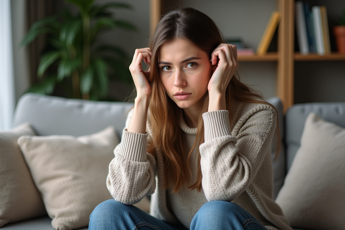 Femme assise sur un canapé avec cheveux inégaux et expression préoccupée