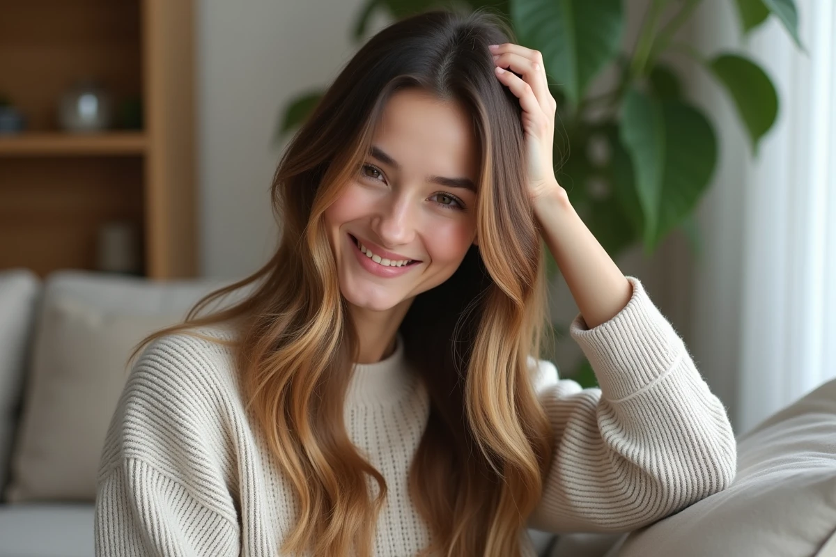 Femme aux cheveux longs et texturés souriant dans un intérieur moderne