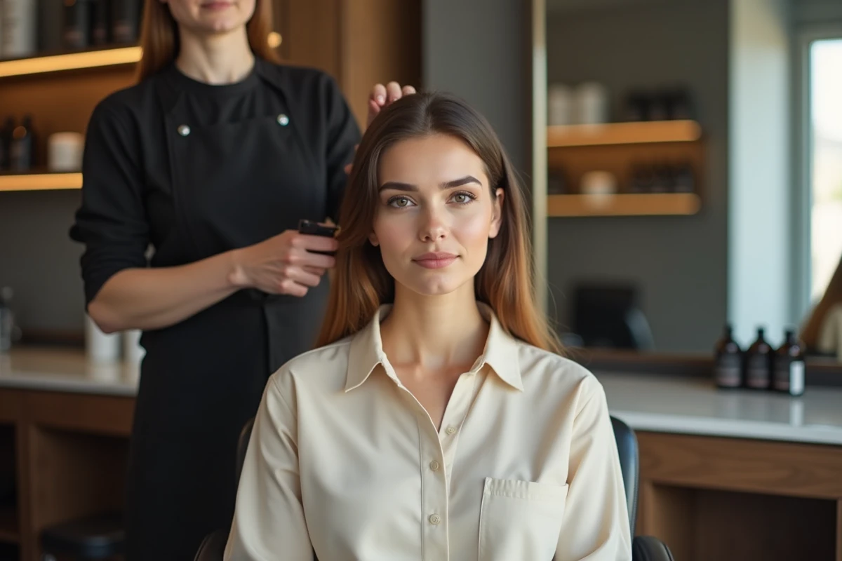 Femme en coiffure dans un salon moderne avec styliste