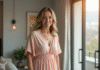 Femme confiante en robe pastel dans un intérieur moderne