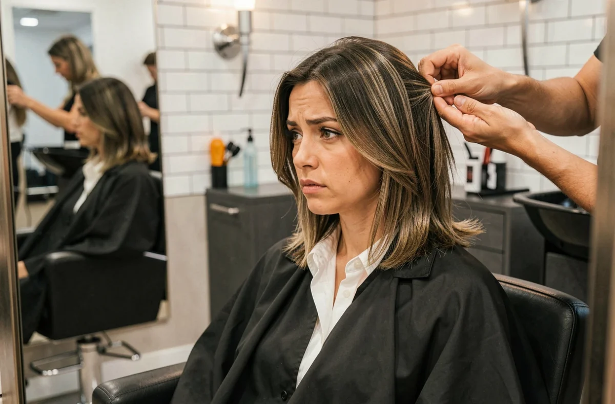 Femme aux cheveux mi-longs dégradés assise dans un fauteuil de salon de coiffure, examinant sa coupe dans le miroir