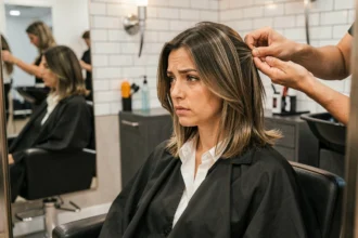 Femme aux cheveux mi-longs dégradés assise dans un fauteuil de salon de coiffure, examinant sa coupe dans le miroir