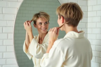 Femme aux cheveux courts et fins coiffée sans effort devant un miroir de salle de bain moderne