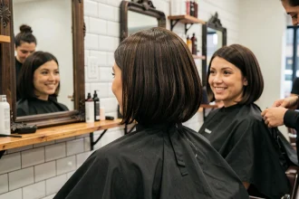 Femme souriante dans un salon de coiffure après une coupe lob, reflet dans le miroir