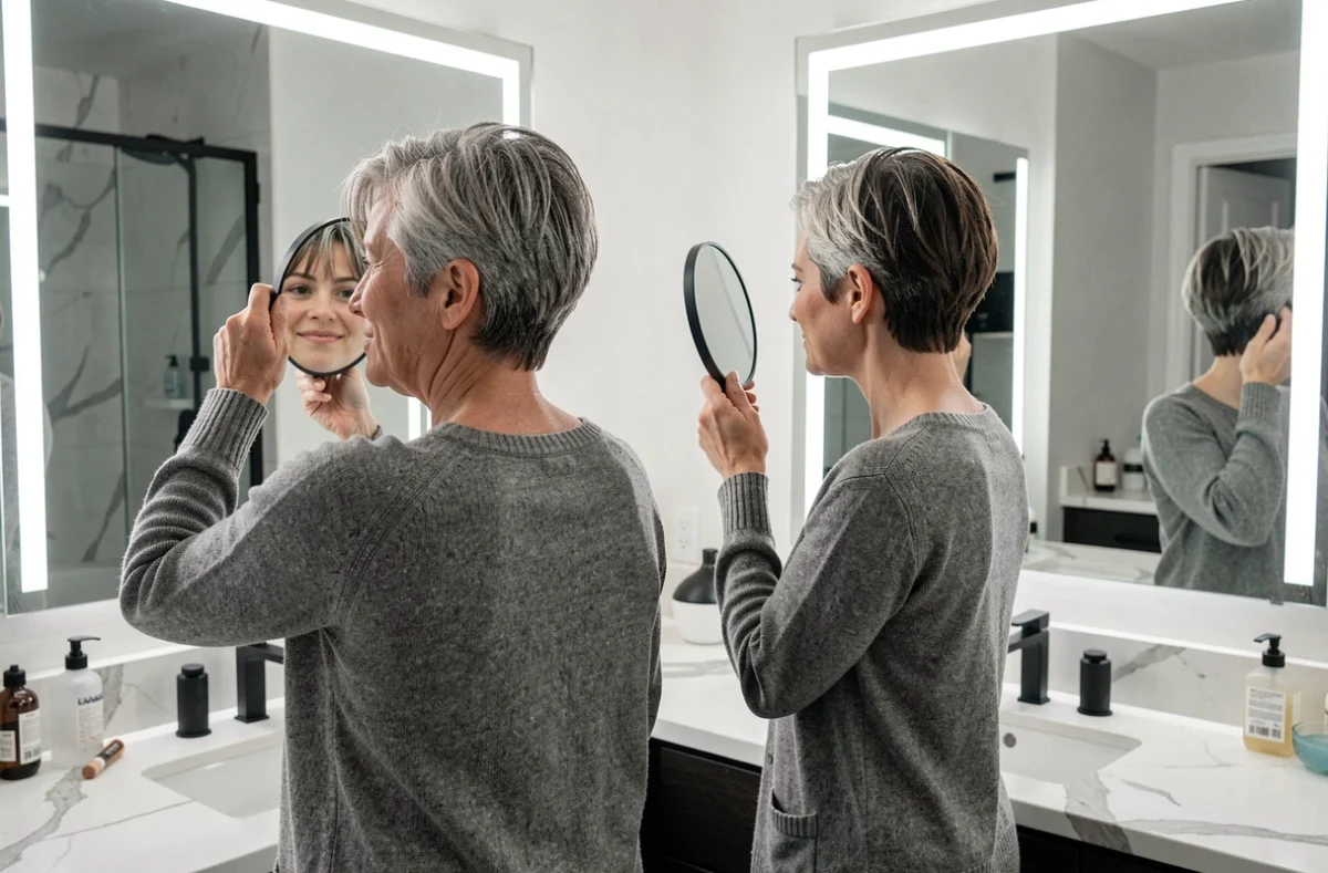 Femme d'âge mûr découvrant sa nouvelle coupe pixie dans une salle de bain moderne