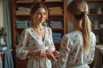Femme en robe florale ajustant le tissu dans son atelier de couture