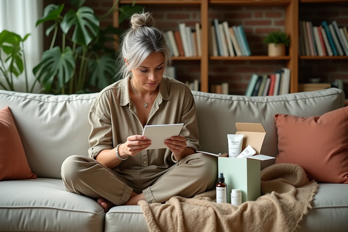 Femme mature lisant la fiche produit de sa box beauté bio sur un canapé en lin dans un salon cosy aux tons naturels