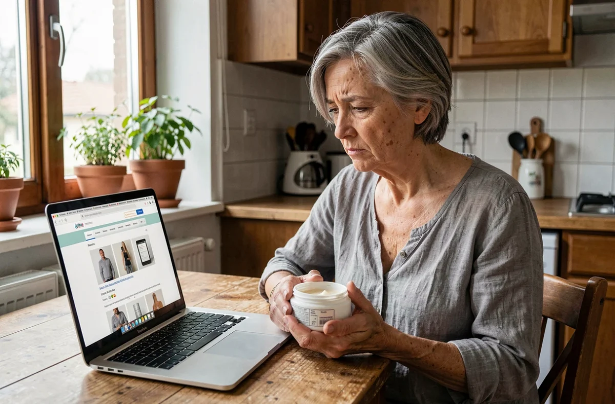 Femme de 55 ans déçue consultant des avis négatifs sur un produit cosmétique devant son ordinateur portable dans sa cuisine