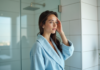 Shampoing quotidien : les risques pour vos cheveux à connaître ! Femme en robe de bain bleue dans une salle de bain moderne