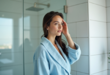 Shampoing quotidien : les risques pour vos cheveux à connaître ! Femme en robe de bain bleue dans une salle de bain moderne