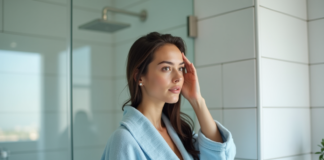 Shampoing quotidien : les risques pour vos cheveux à connaître ! Femme en robe de bain bleue dans une salle de bain moderne