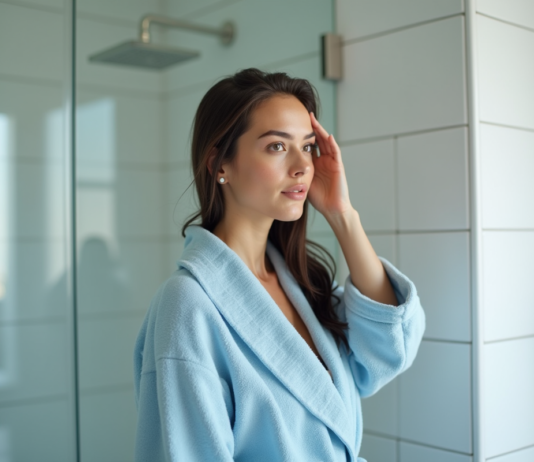 Shampoing quotidien : les risques pour vos cheveux à connaître ! Femme en robe de bain bleue dans une salle de bain moderne