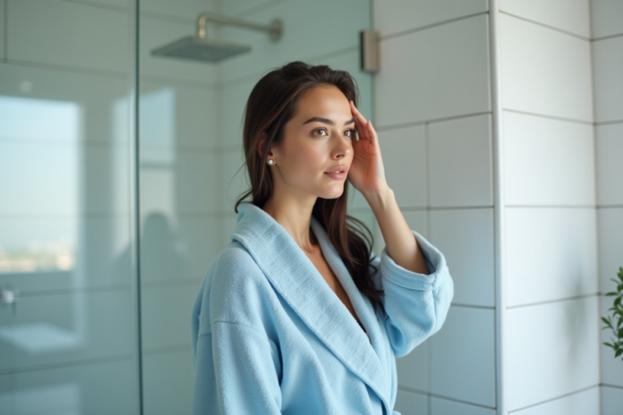 femme-douche-robe-bleu Femme en robe de bain bleue dans une salle de bain moderne