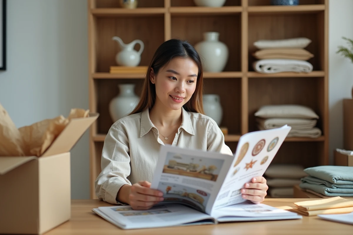 Femme entrepreneur consultant un catalogue grossiste oriental pour lancer sa boutique e-commerce depuis son bureau à domicile