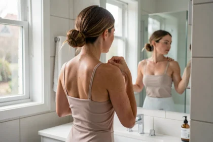 Femme examinant la peau de son dos devant un miroir
