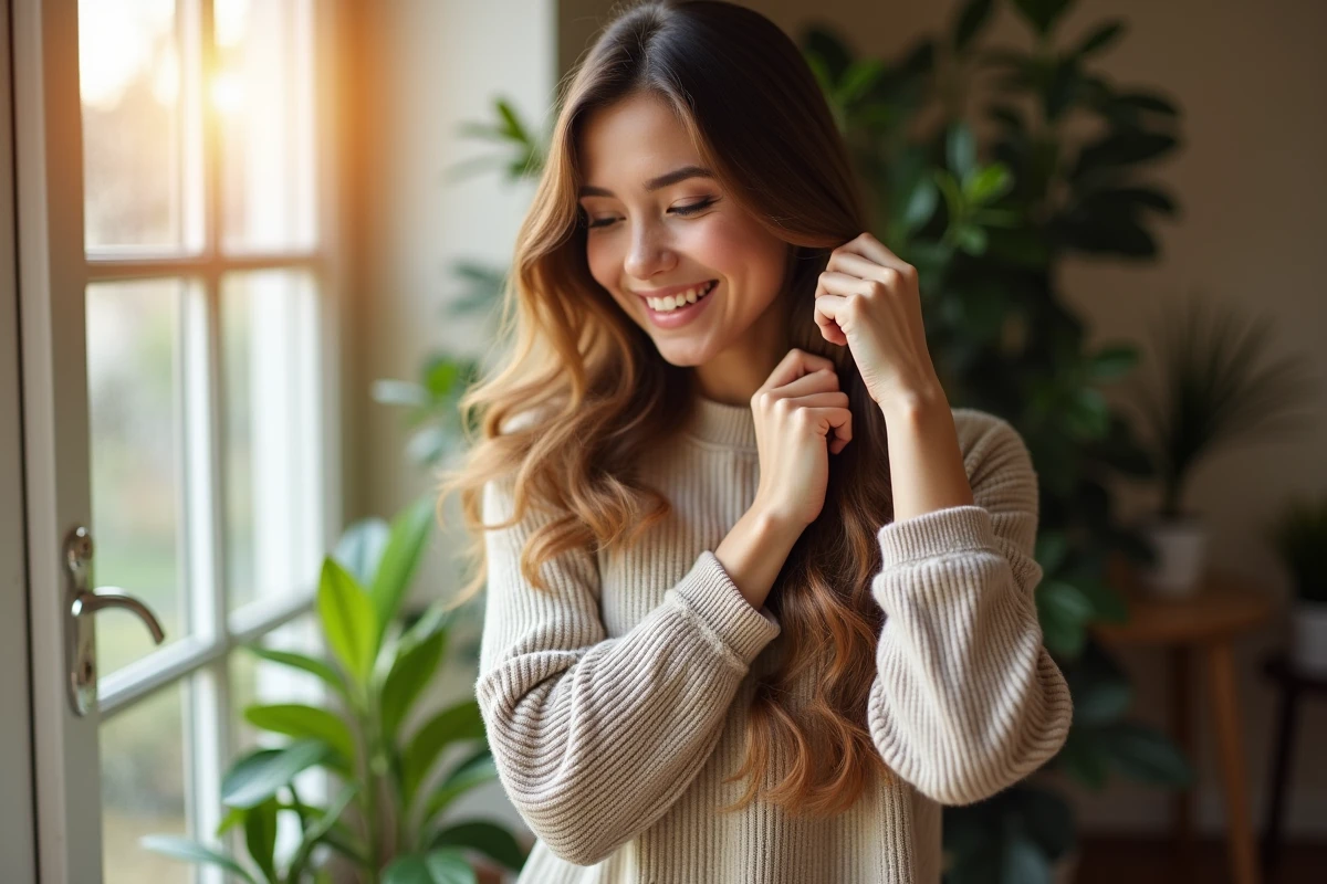 Jeune femme chez elle avec extensions capillaires