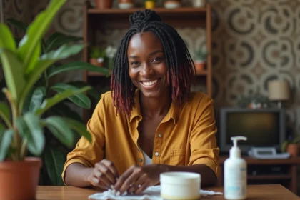 Femme haïtienne souriante avec tresses colorées pour entretien des cheveux
