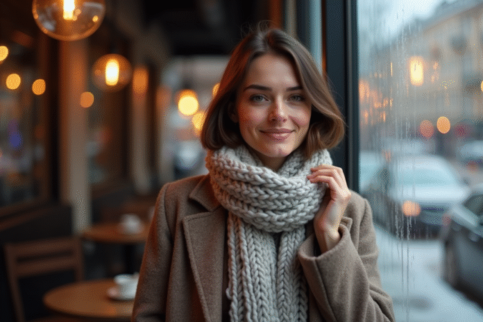Femme élégante ajustant sa coupe de cheveux en hiver