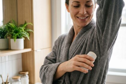 Femme appliquant un deodorant dans une salle de bain moderne