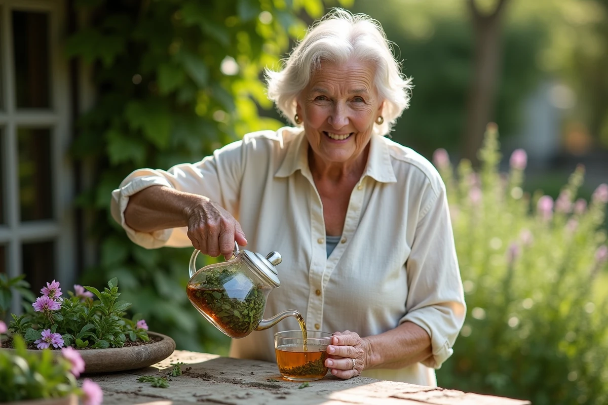 Femme âgée préparant une infusion dans le jardin