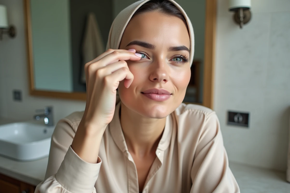 Femme en train d insérer une lentille dans l œil