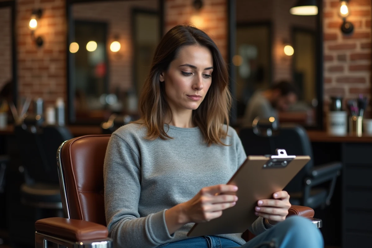 Femme en salon de coiffure étudiant une liste de questions avant de devenir cliente permanente