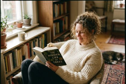 Femme souriante lisant dans un salon chaleureux