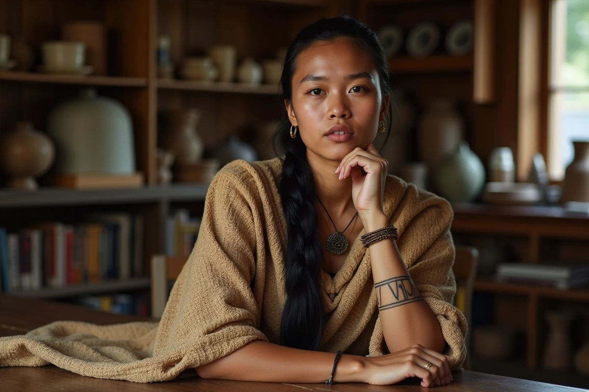 Femme māorie avec tatouage tā moko sur le menton portant un manteau traditionnel korowai dans un centre culturel