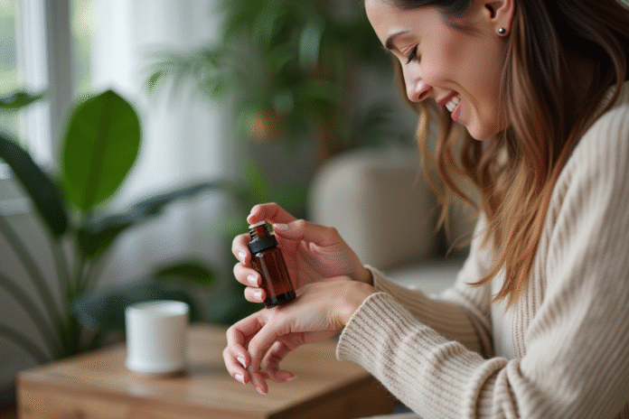 femme-massage-huile-essentielle Femme en train de masser son poignet avec huile essentielle