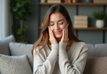 Femme se massant le visage dans un intérieur cosy