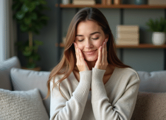 Masser le visage seul : techniques et bienfaits de l’automassage facial Femme se massant le visage dans un intérieur cosy