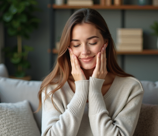 Masser le visage seul : techniques et bienfaits de l’automassage facial Femme se massant le visage dans un intérieur cosy