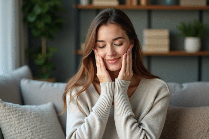 femme-massage-visage-domicile Femme se massant le visage dans un intérieur cosy