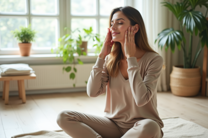 Femme en yoga se massant le visage dans un intérieur paisible