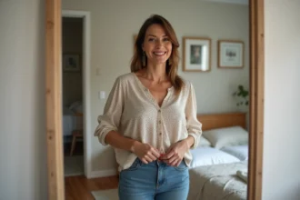 Femme confiante ajustant son haut dans le miroir