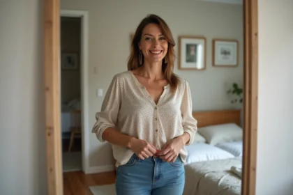 Femme confiante ajustant son haut dans le miroir